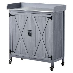 Potting Bench Table, Outdoor Gardening Wooden Storage Cabinet with 36 x 16 in Galvanized Iron Tabletop