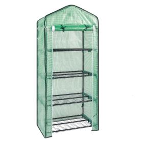 Mini Greenhouse with PE Cover Zipper Roll Up Door Mesh Plant Shelves and Black Steel Frame Pointed Roof Portable Plant House for Indoor Outdoor G