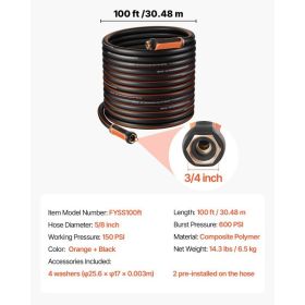 Garden Hose, 100 Ft 5/8" Heavy Duty 4-Layer Rubber Water Hose, 150PSI Working & 600PSI Burst, Flexible & Non-kink Outdoor Waterhose With 3/4" Fit (Option: default)