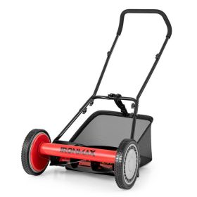 16 Inch Push Lawn Mower with 5 Steel Blades and Grass Catcher Bag (Color: Red)