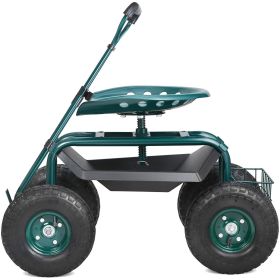 Garden Cart Rolling Workseat with Wheels, Gardening Stool for Planting, 360 Degree Swivel Seat, Wagon Scooter with Steering Handle & Utility Tool (Color: Green)